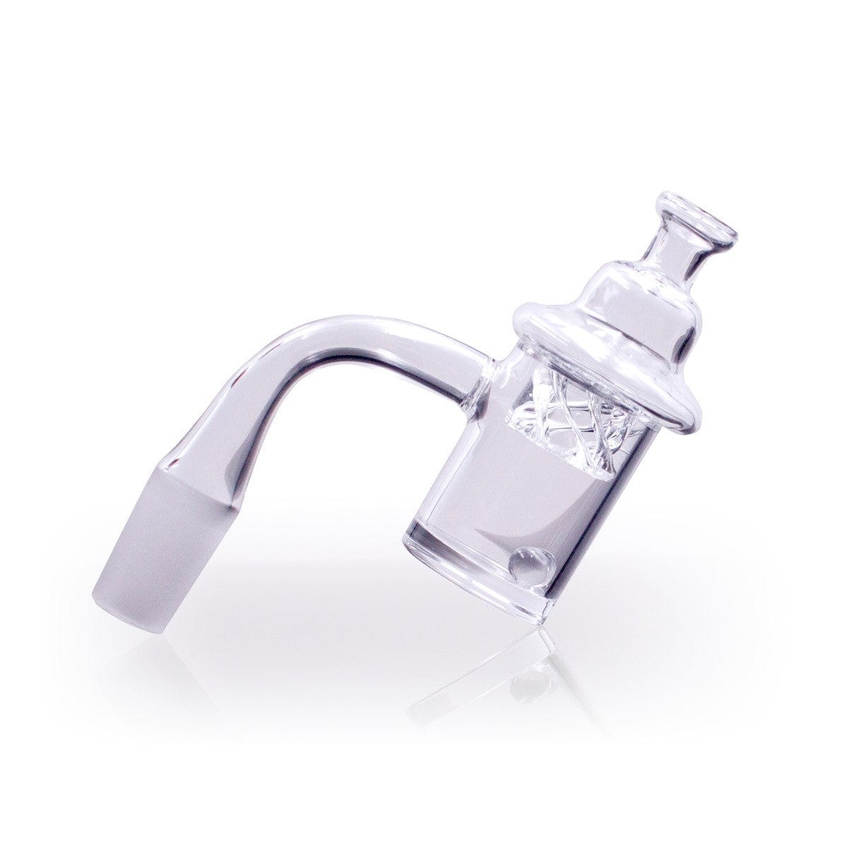 A close-up, angled view of the Quartz Banger Set with Spinning Carb Cap and Terp Pearls, showing its clear glass construction.