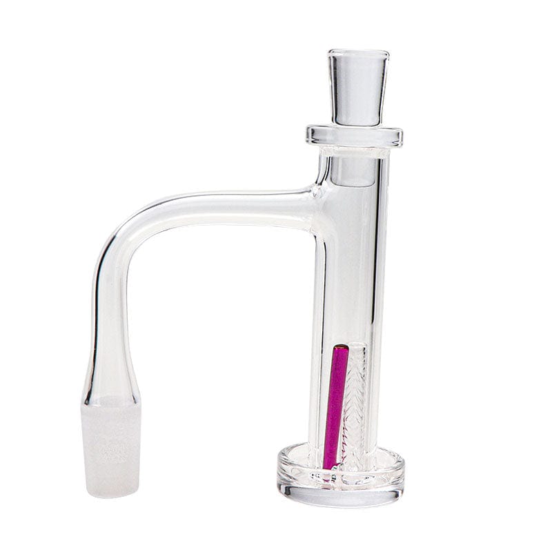 A close-up, angled view of the Quartz Tower Full Weld Banger Set with Quartz Cap, Quartz Pillar & Ruby Core, showing its clear glass construction and red core.