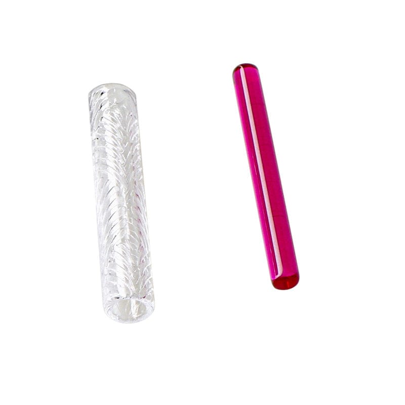 A close-up, side view of the Quartz Tower Full Weld Banger Set with Quartz Cap, Quartz Pillar & Ruby Core, showing its ruby-colored core.
