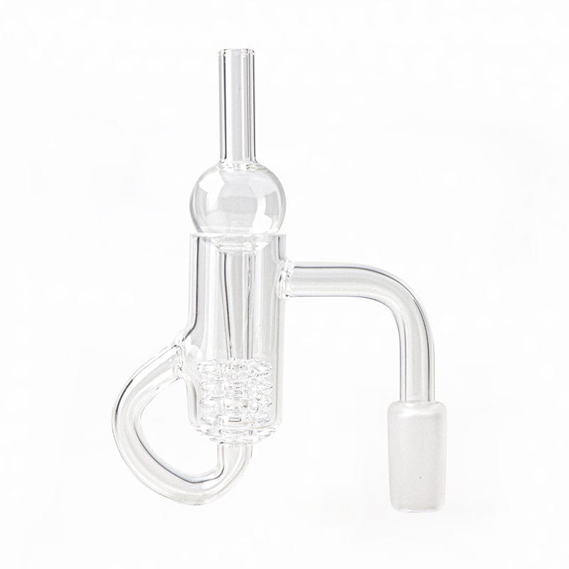 A close-up, angled view of the Terp Recycler Quartz Banger Set with Bubble Cap & Quartz Insert, showcasing its clear glass construction.