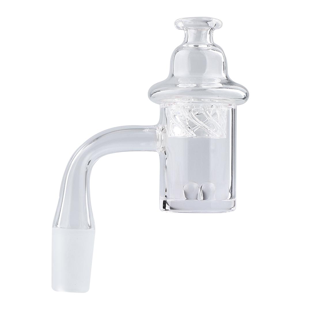 A detailed side view of the Quartz Banger Set with Spinning Carb Cap and Terp Pearls, showcasing its clear glass construction and unique design.