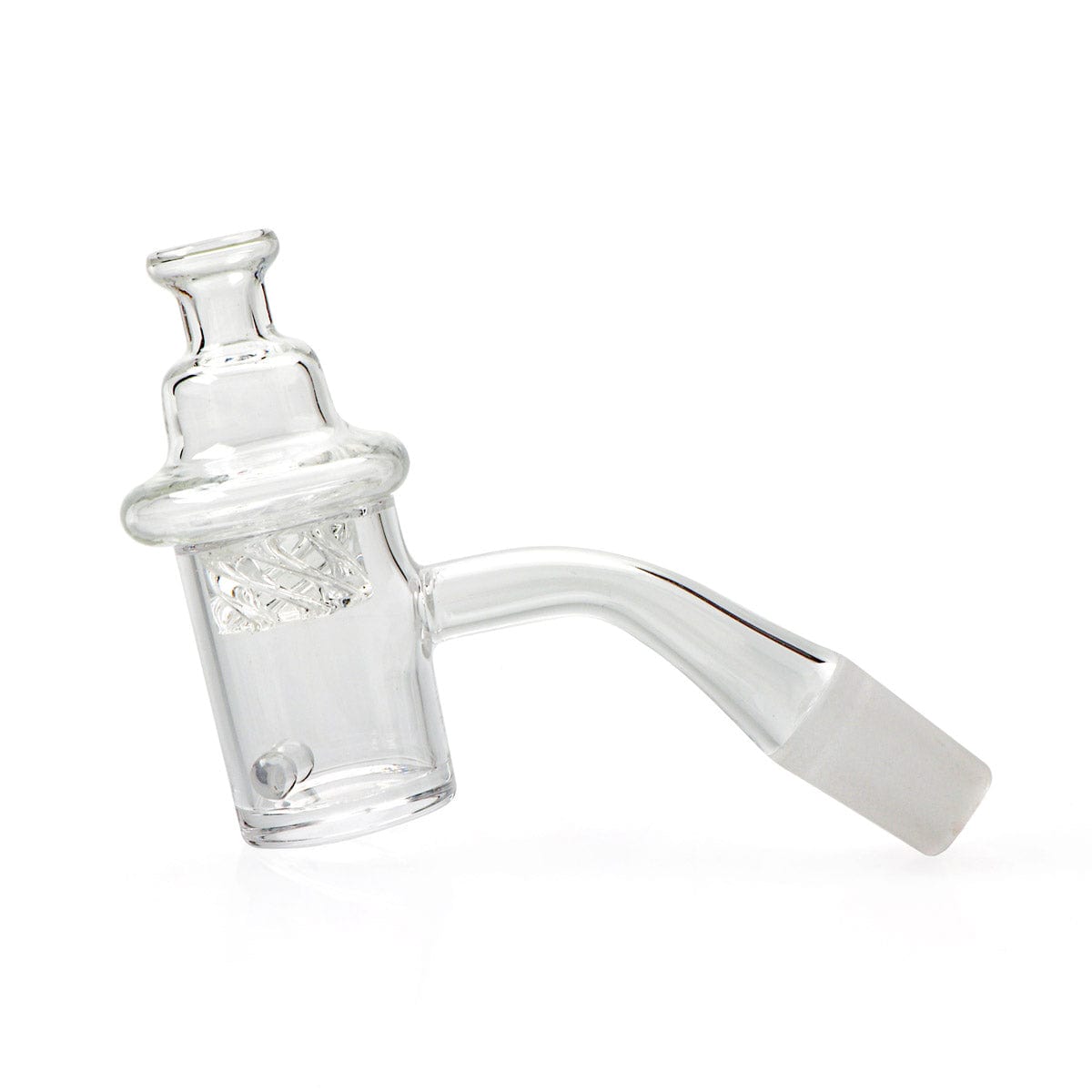 A close-up, angled view of the Quartz Banger Set with Spinning Carb Cap and Terp Pearls, showcasing its clear quartz construction.