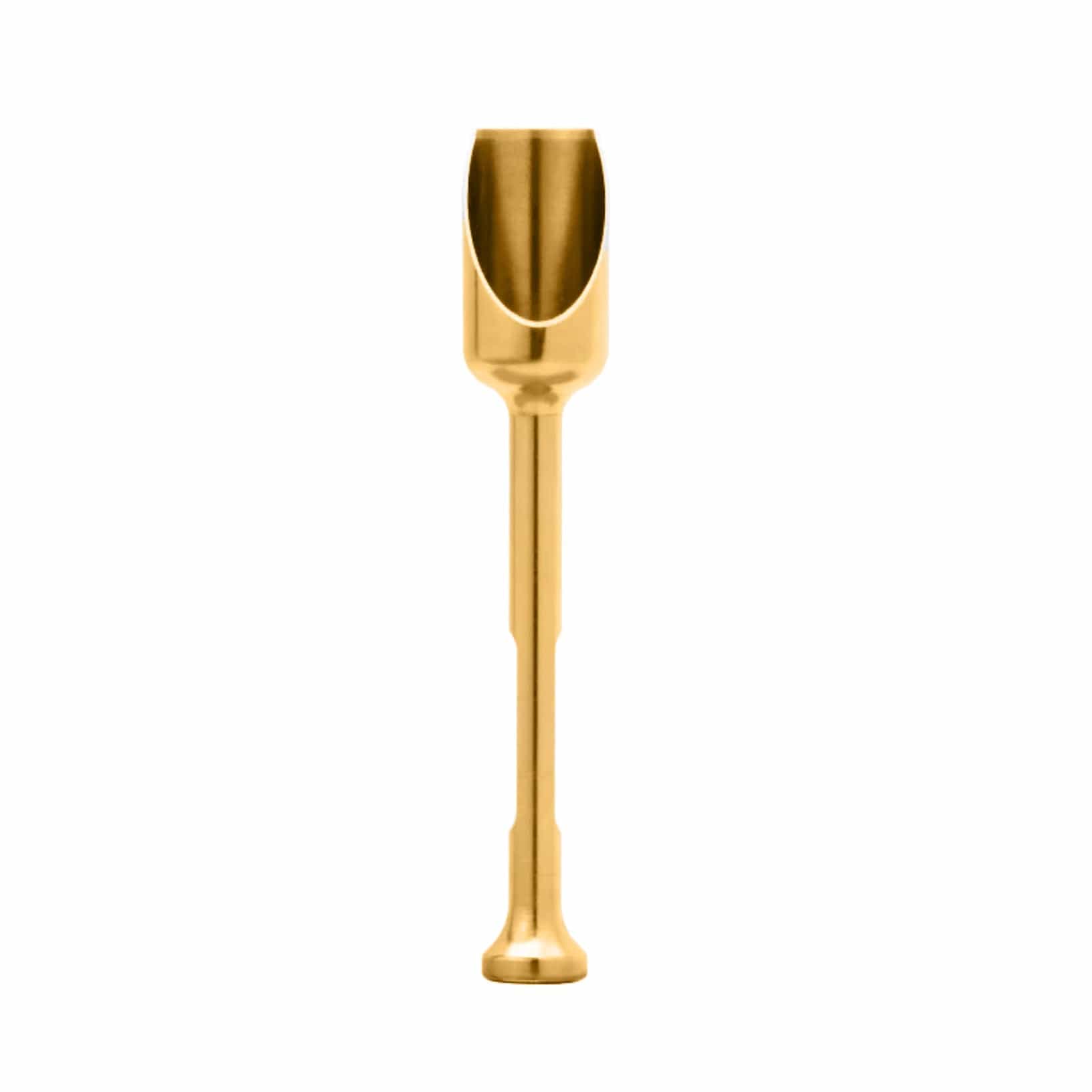 Front view of the Magnetic Scoop and Tamp Tool, a golden metal tool with a curved scoop and flat tamp end.