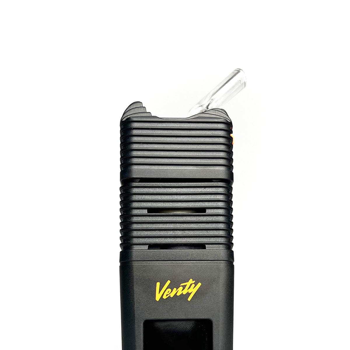 Close-up view of the Venty Vaporizer Glass Mouthpiece, showcasing its sleek, transparent design against a plain white background.