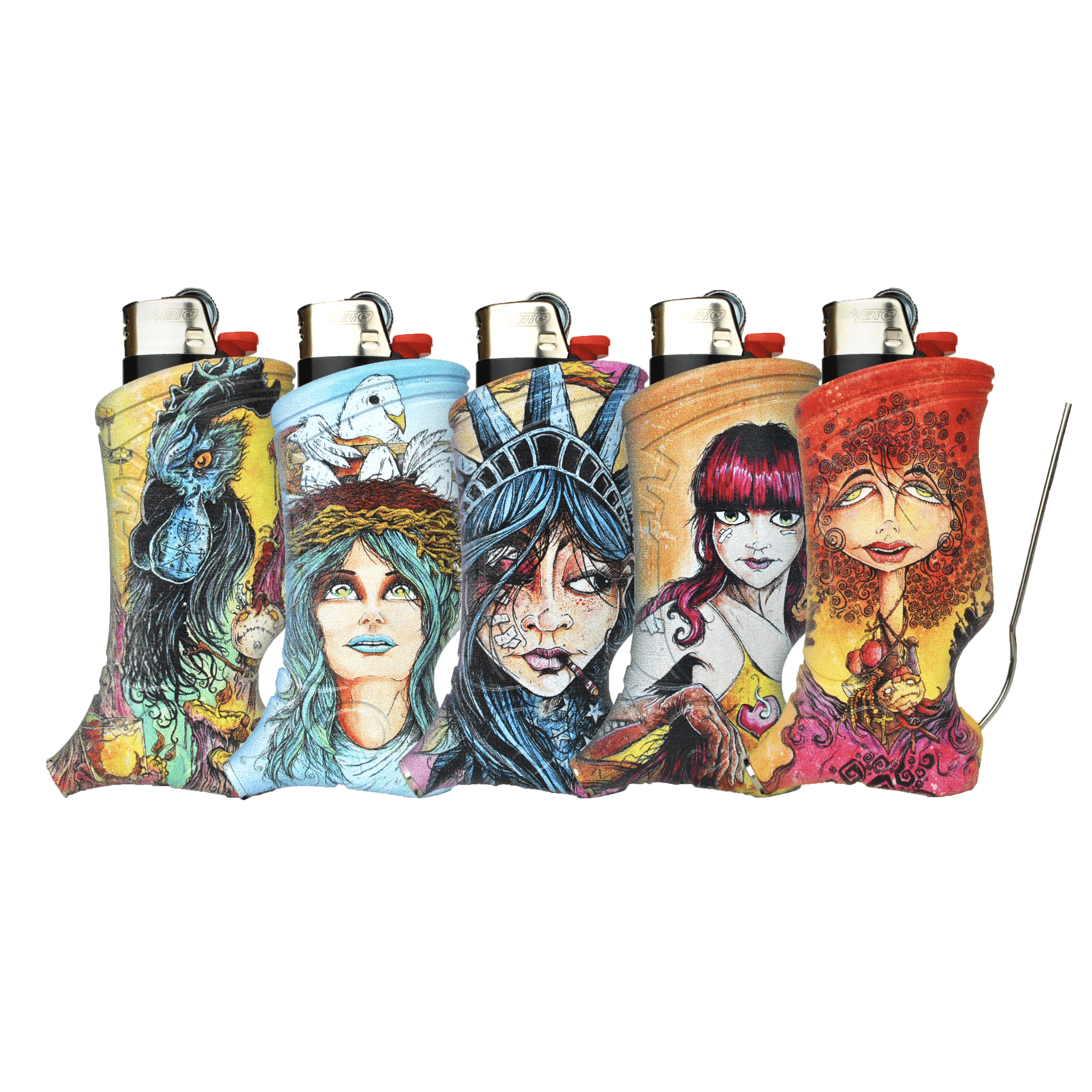 A close-up, angled view of the Lady Liberty & Friends - BIC lighters, each uniquely decorated with colorful, illustrative designs.