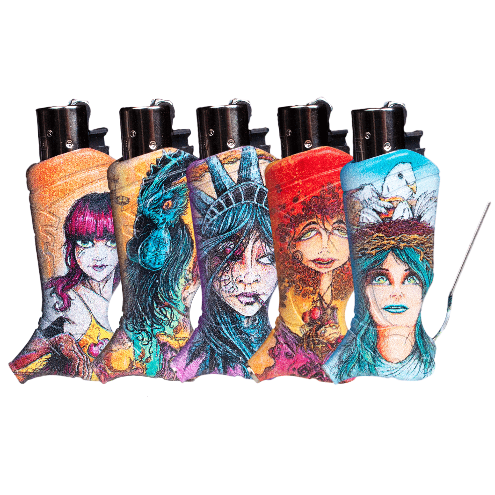 A side view of the Lady Liberty & Friends - CLIPPER lighters, each featuring unique illustrated designs on a metallic background.