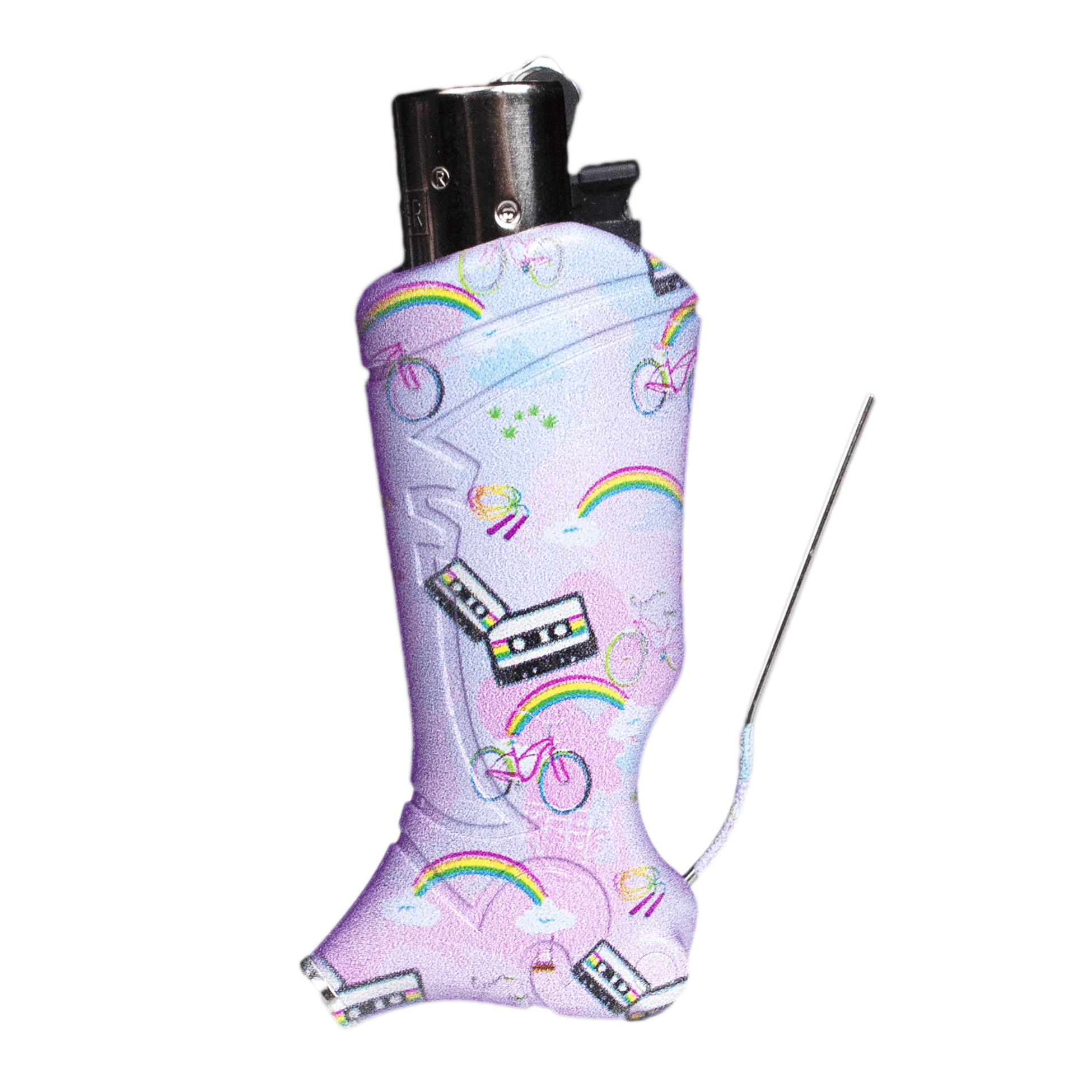 A brightly lit, angled view of the Flashbacks - CLIPPER lighter, showcasing its unique, colorful design.