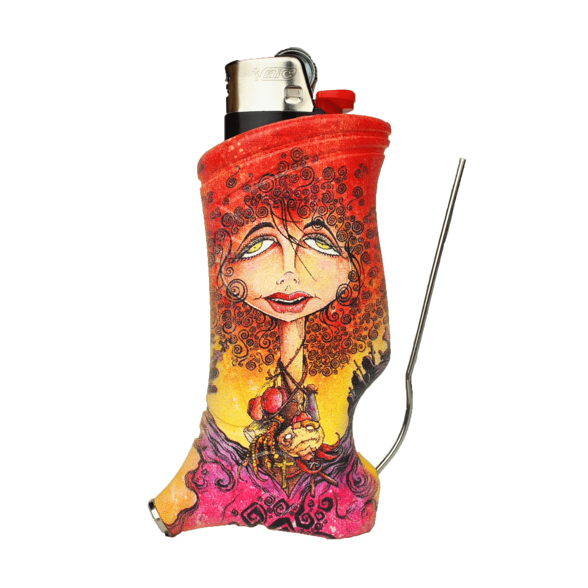 A close-up shows the Lady Liberty & Friends - BIC lighter featuring colorful artwork and a sleek, metallic finish.