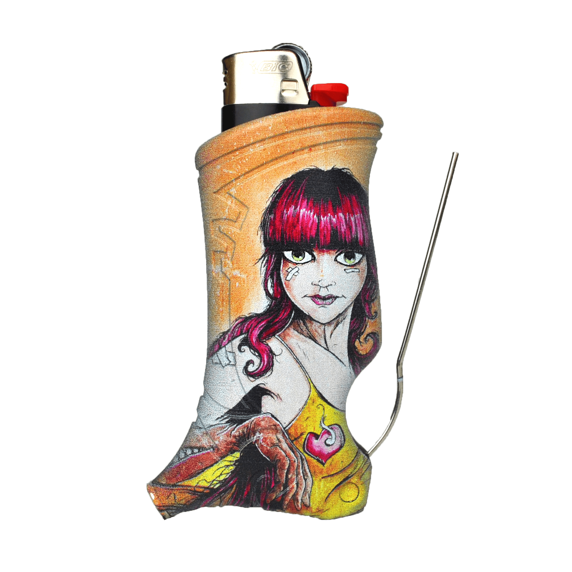 A close-up, side view of the BIC Lady Liberty & Friends lighter featuring a detailed portrait design on a yellow background.