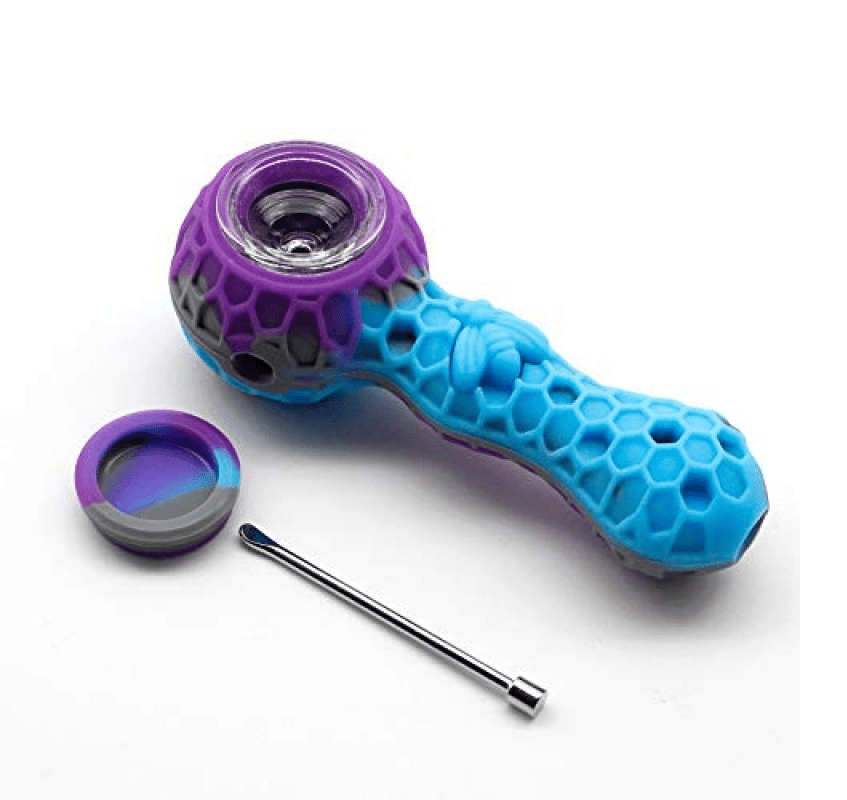 A close-up, angled view of the Silicone Pipe, showing a purple and grey patterned surface with an open bowl.