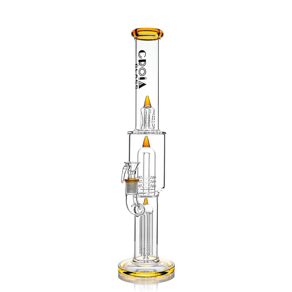 Straight-on studio shot of the Croia Glass 16" Triple Rocket-Perc Scientific Glass Bong showing its clear vertical chambers, triple percs and amber-rim accents against a white background