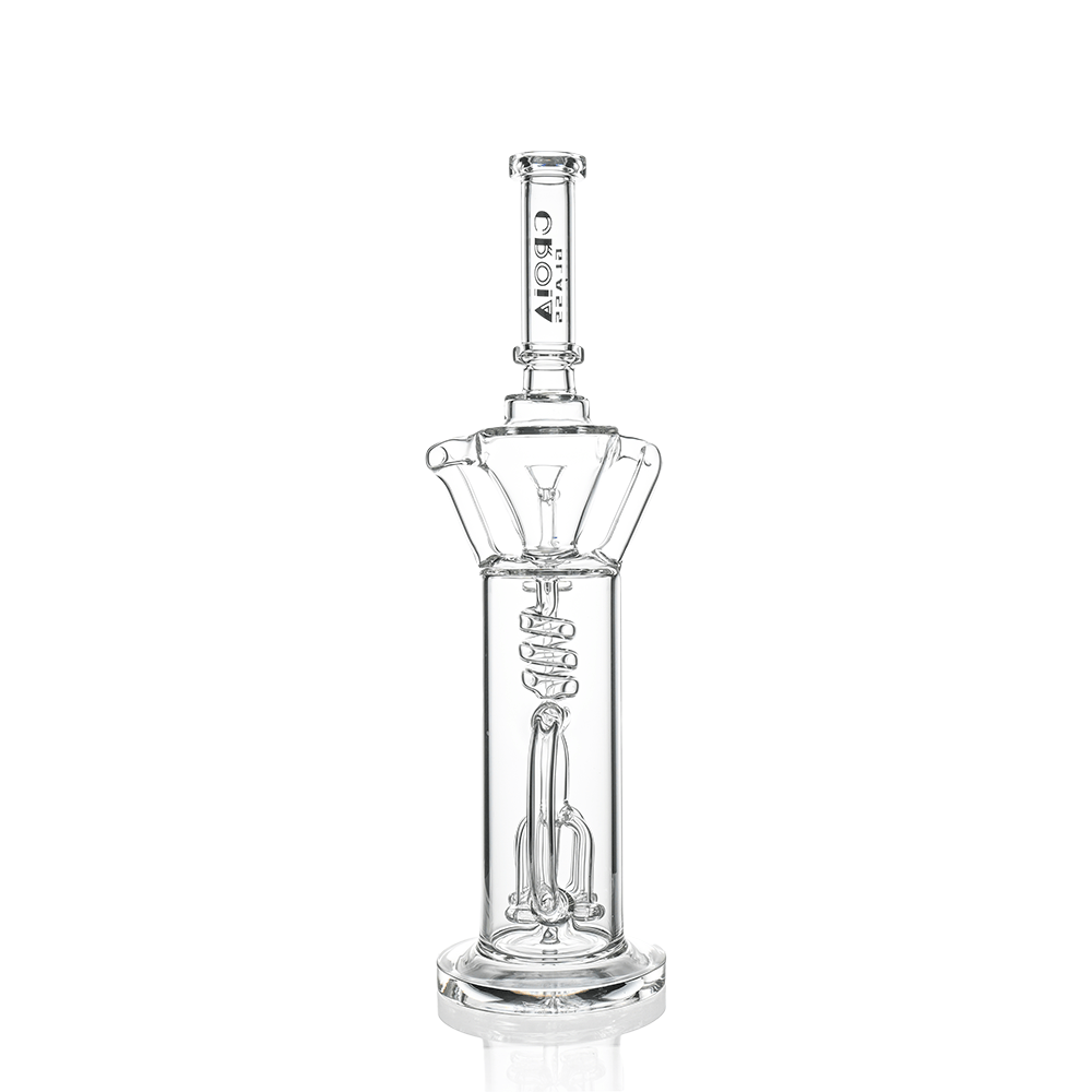 Centered front view of the clear Croia Glass 15" Scientific Glass Bong with Tree Perc & Spiral Cooling on a white background