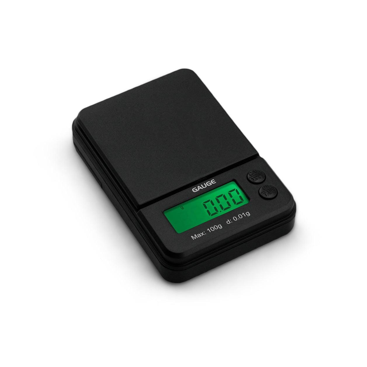 Angled top-down view of the black Gauge Scale | 100g x 0.01g showing its green backlit LCD reading "0.00" and two round control buttons.