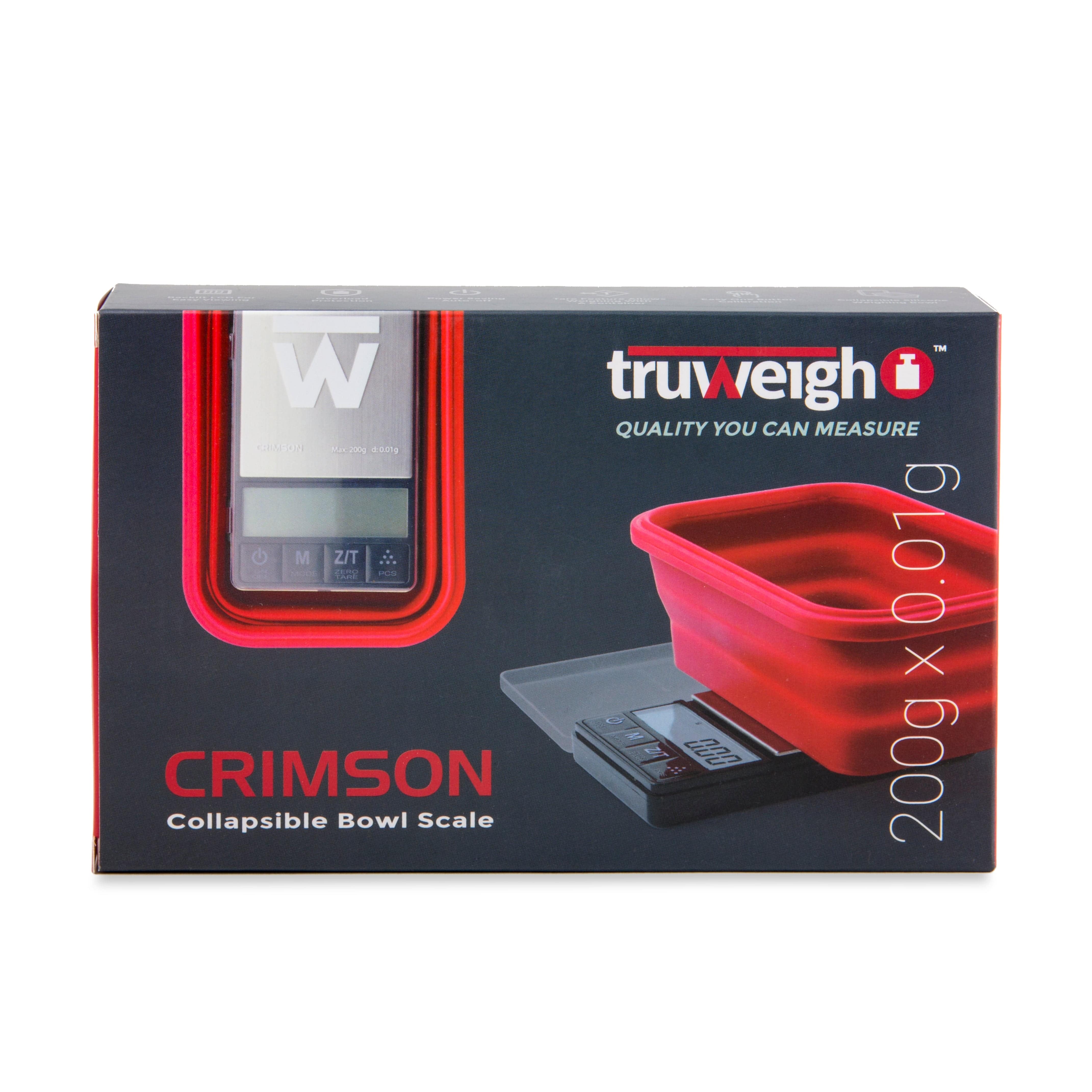 Front view of the Crimson Scale Collapsible Bowl, a digital scale with a sleek, dark bowl against a plain white background.