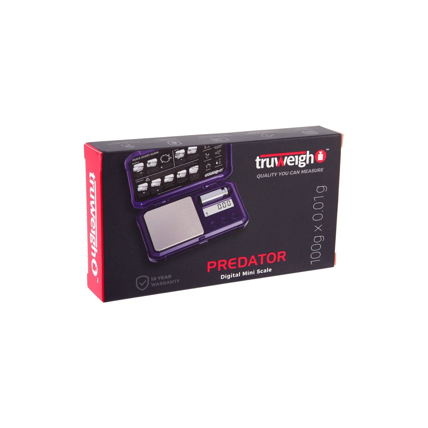 Product shot of a Truweigh Predator digital mini scale in its retail box, displaying 0.01g accuracy and 100g capacity.