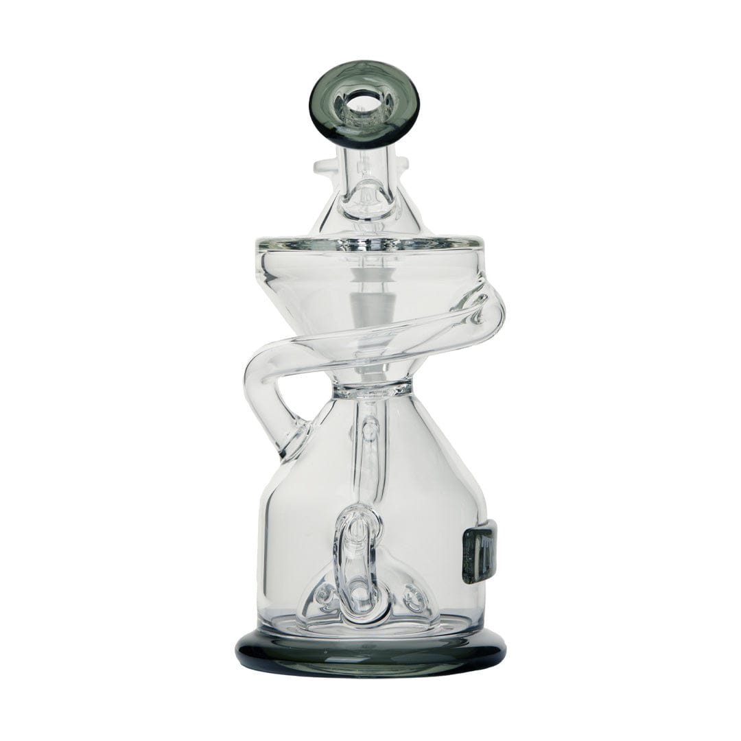 Front view of the Tyson Knockout Dab Rig, a clear glass rig with a unique cylindrical shape and visible joint.