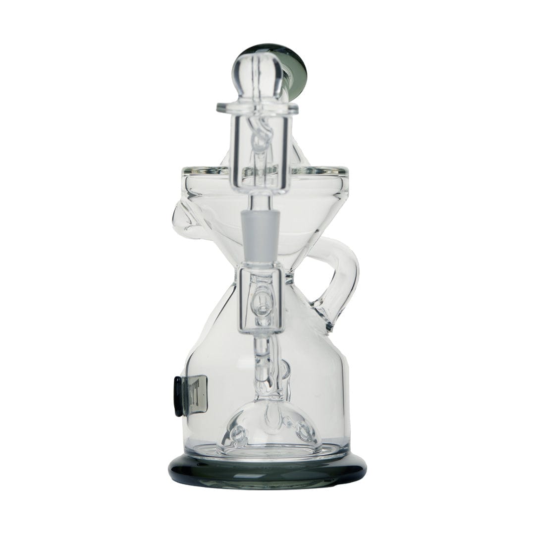 A front view of the Tyson Knockout Dab Rig, showcasing the clear glass rig with a unique curved neck and visible joint.