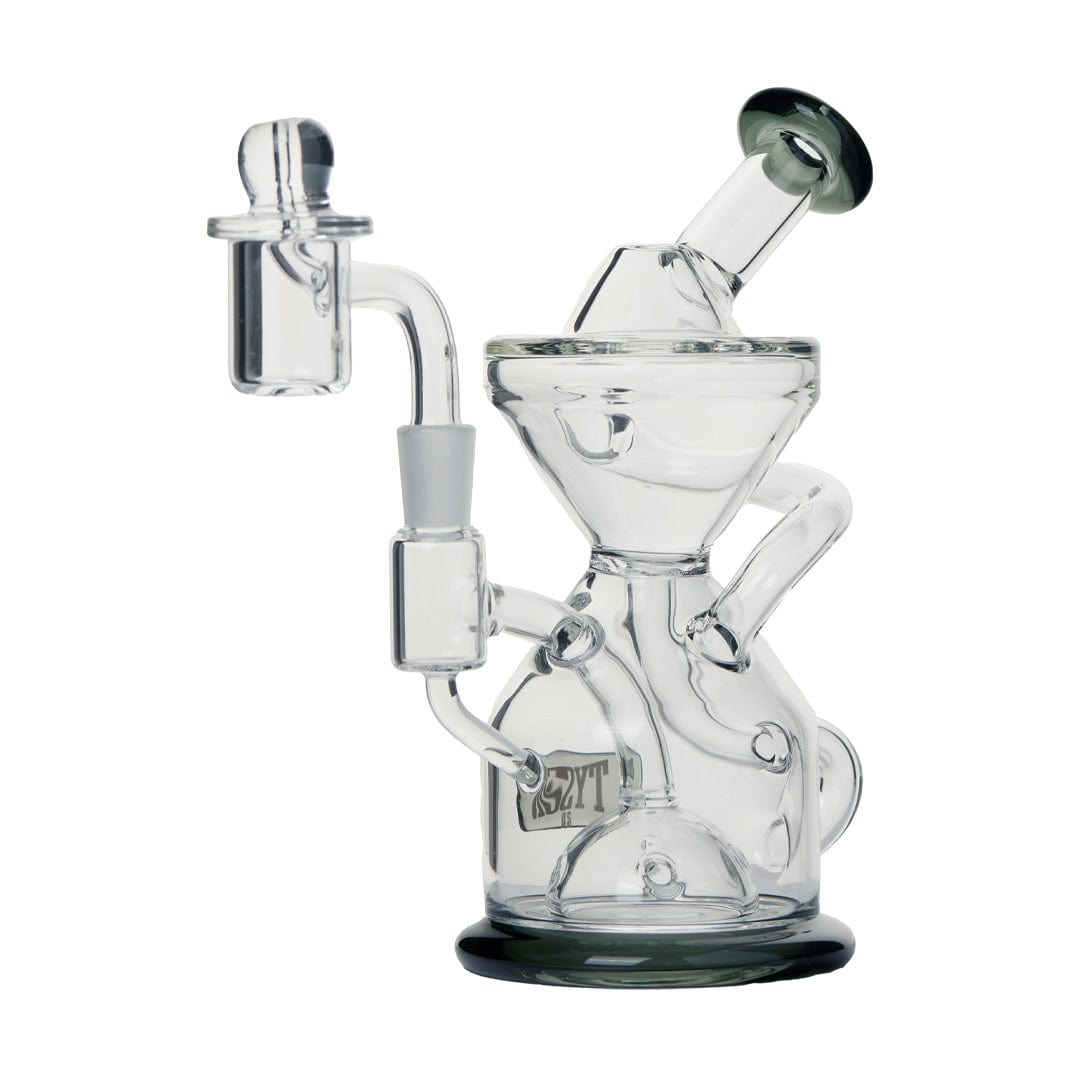 A three-quarter view of the Tyson Knockout Dab Rig, displaying its clear glass construction and angled mouthpiece.