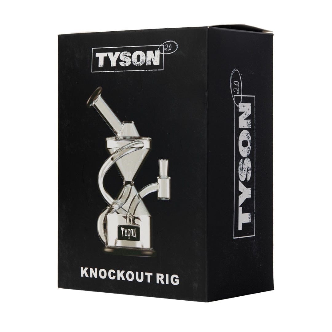Front view of the Tyson Knockout Dab Rig, a clear glass rig with a unique, angled design and branded logo.