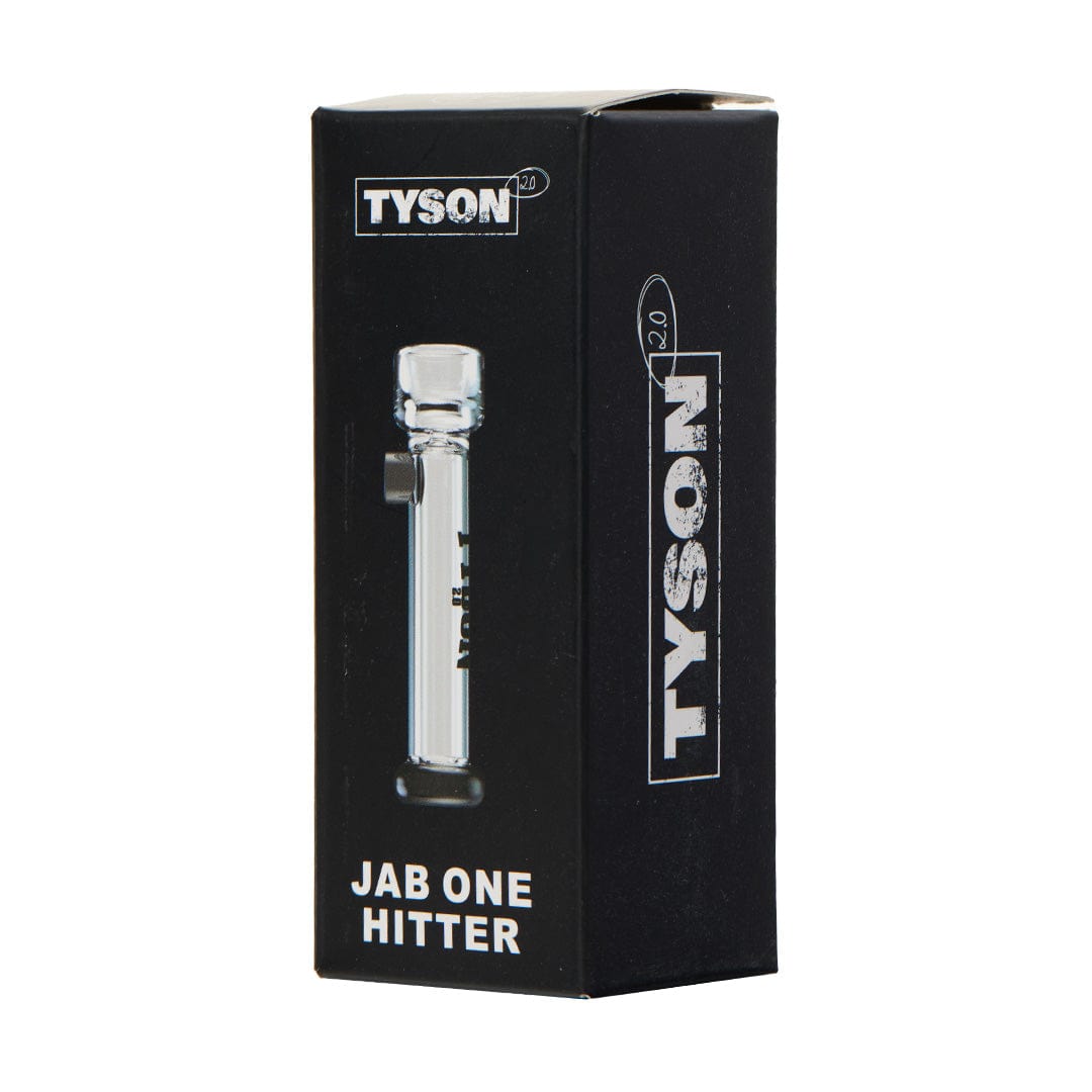 Front view of the Tyson Jab One Hitter, a slim, clear glass one-hitter pipe with branding visible on the side.