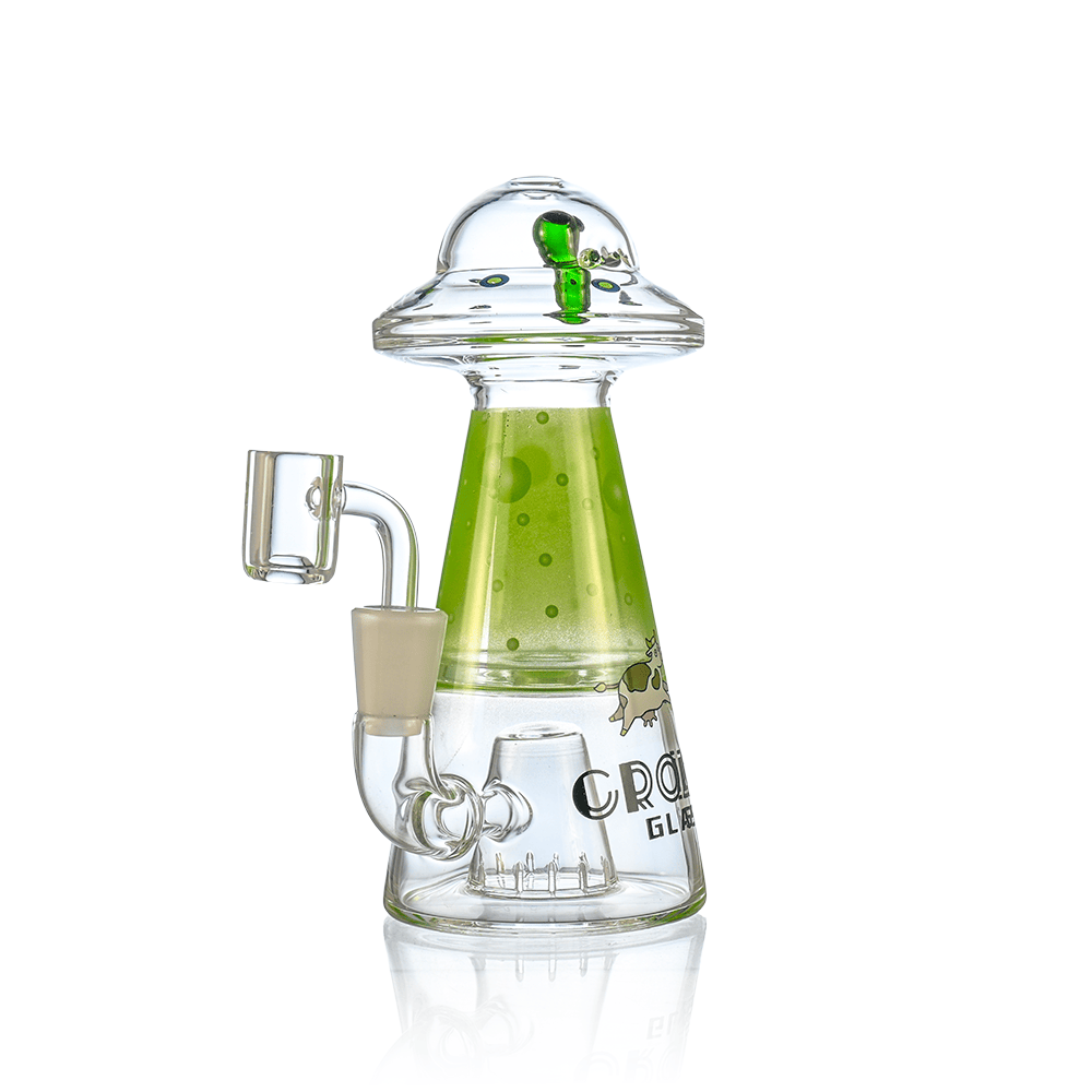 Front view of the Croia Glass UFO Alien Dab Rig with Showerhead Perc showing a clear glass UFO-shaped top and green conical chamber.