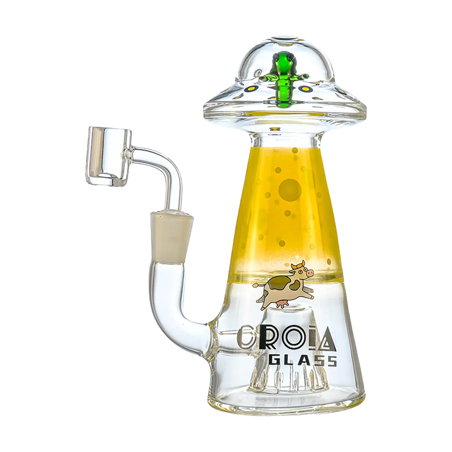 Front-facing view of the Croia Glass UFO Alien Dab Rig with Showerhead Perc | Croia Glass showing a green-topped clear glass UFO cap, yellow-tinted cone body with circular spots and a small cow decal.