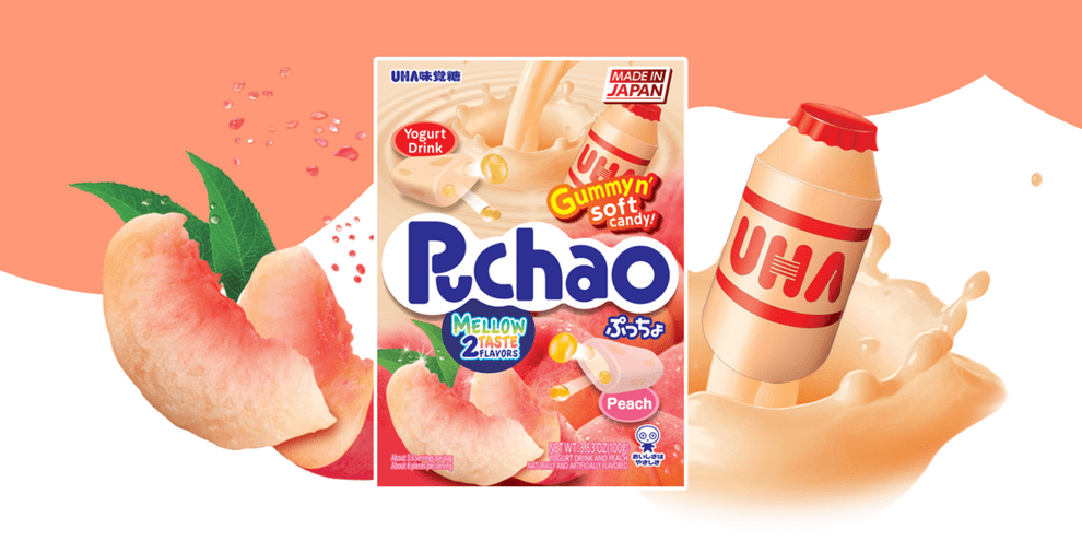 A front view of the Puchao Chewy Candy - Yogurt & Peach packaging with a peach and yogurt splash, displaying Japanese text.
