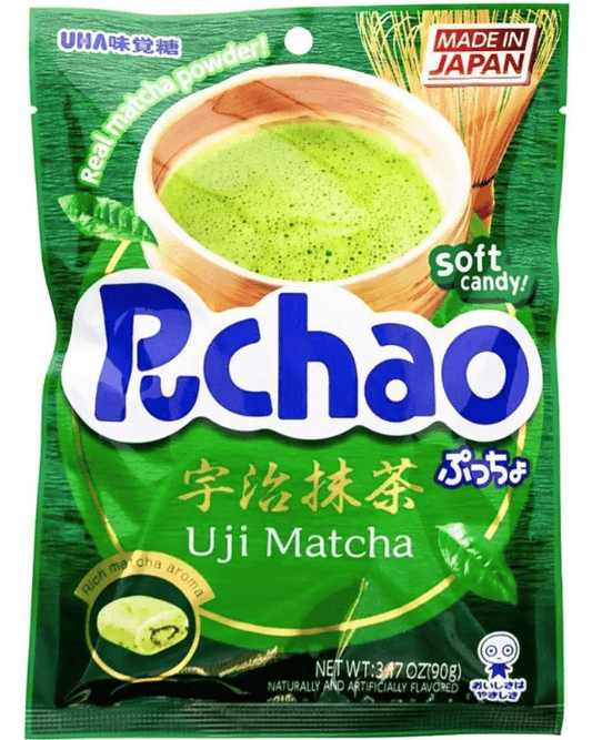 Front view of the Puchao Soft Chewy Candy - Uji Matcha packaging, featuring Japanese text and a green color scheme.