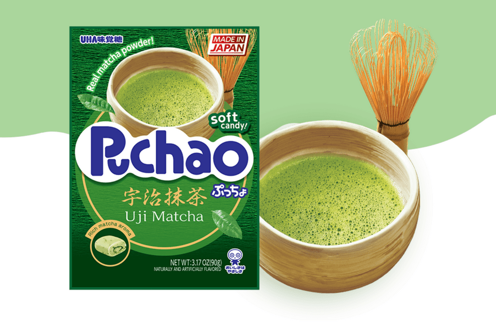 Front view of Puchao Soft Chewy Candy - Uji Matcha packaging, featuring Japanese text and a green matcha powder illustration.