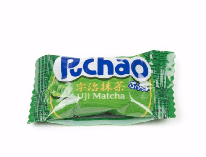 Front view of the Puchao Soft Chewy Candy - Uji Matcha packaging, a bright green wrapper with product branding.