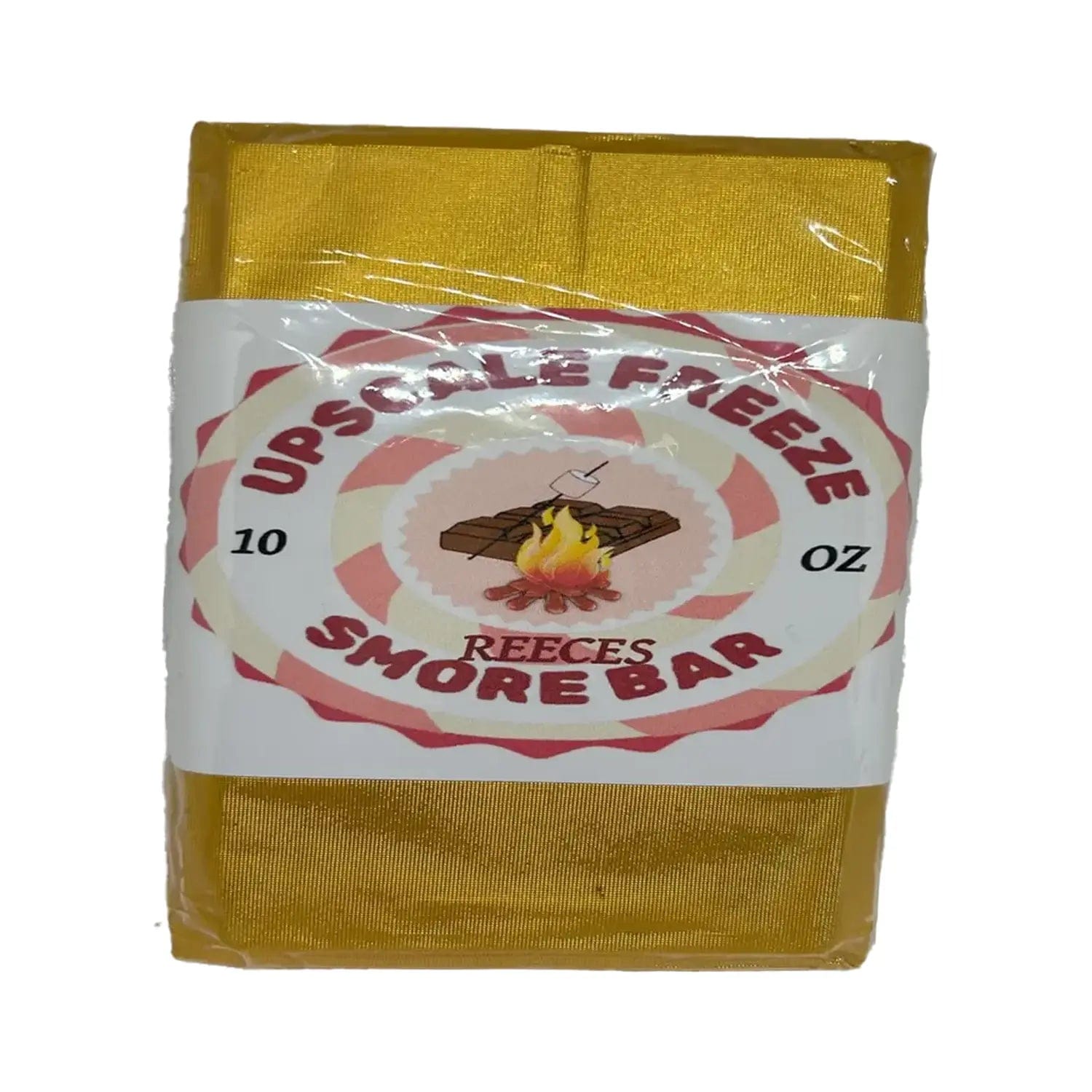 Front view of the Upscale Freeze Chocolate Smore Reeses, a rectangular bar with brown and gold packaging against a plain white background.