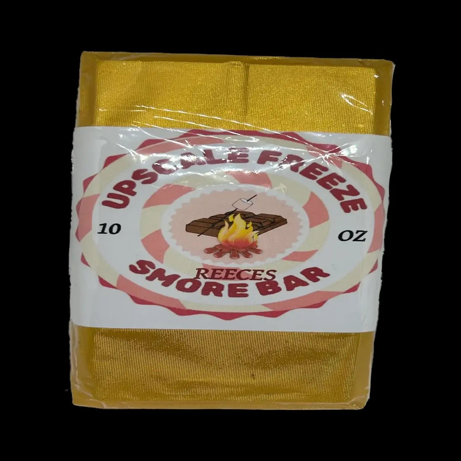 Front view of the Upscale Freeze Chocolate Smore Reeses bar, with gold packaging and bold lettering.
