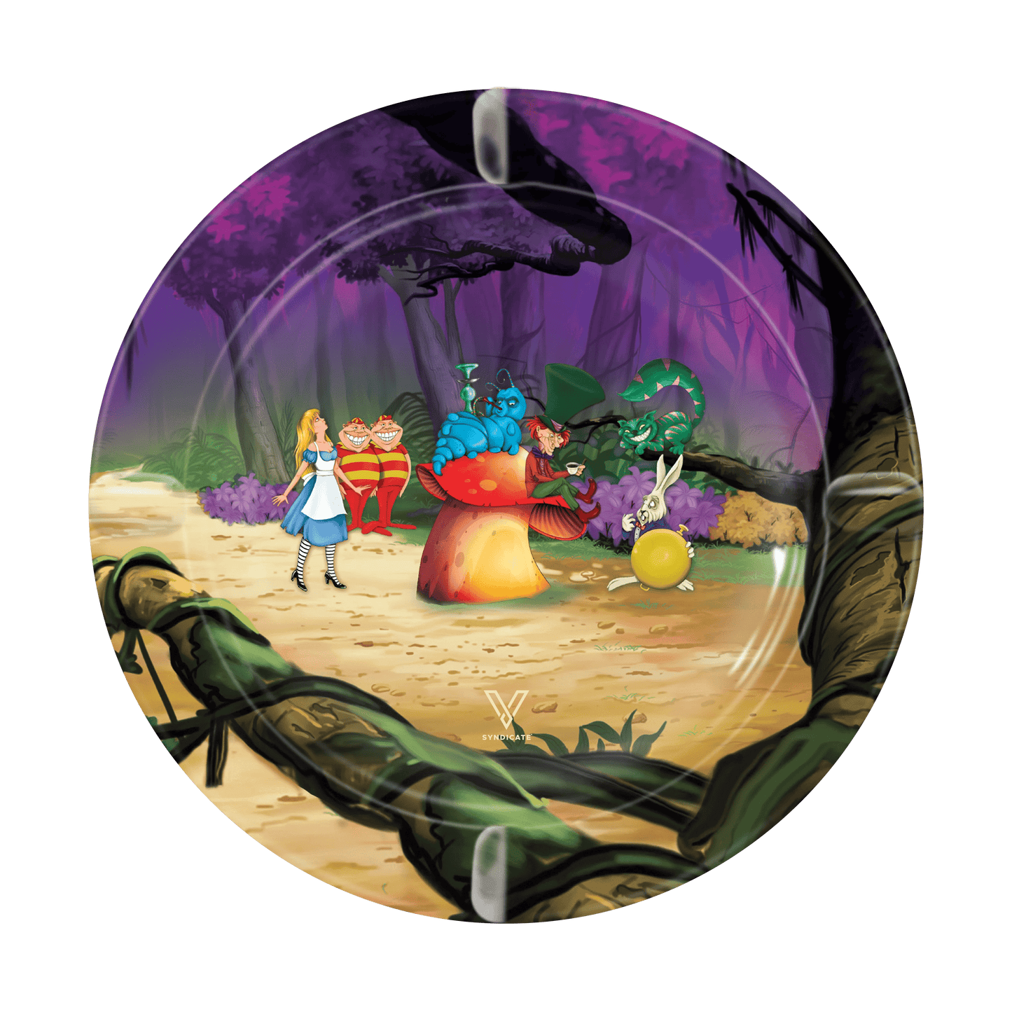 Overhead view of the V-Syndicate Metal Ashtray featuring a whimsical scene with playing cards and character figures.