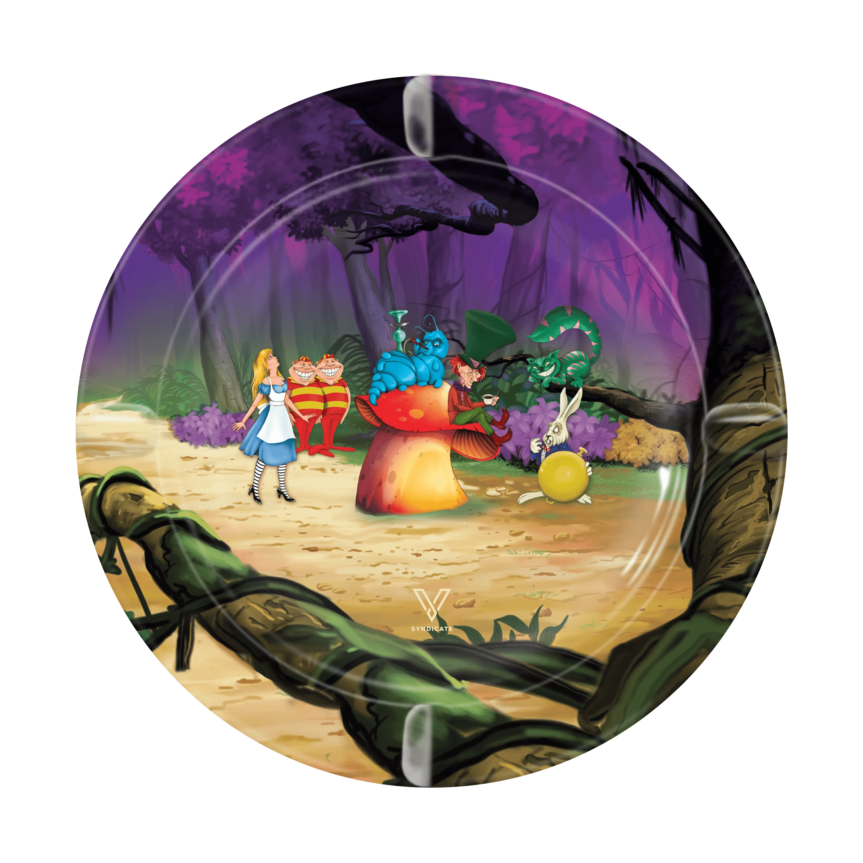 Overhead view of the V-Syndicate Metal Ashtray featuring a whimsical scene with playing cards and character figures.