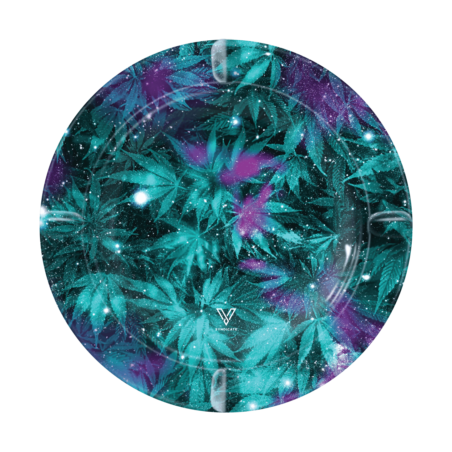 Top-down view of the V-Syndicate Metal Ashtray, featuring a swirling galaxy-inspired pattern on a dark metal surface.