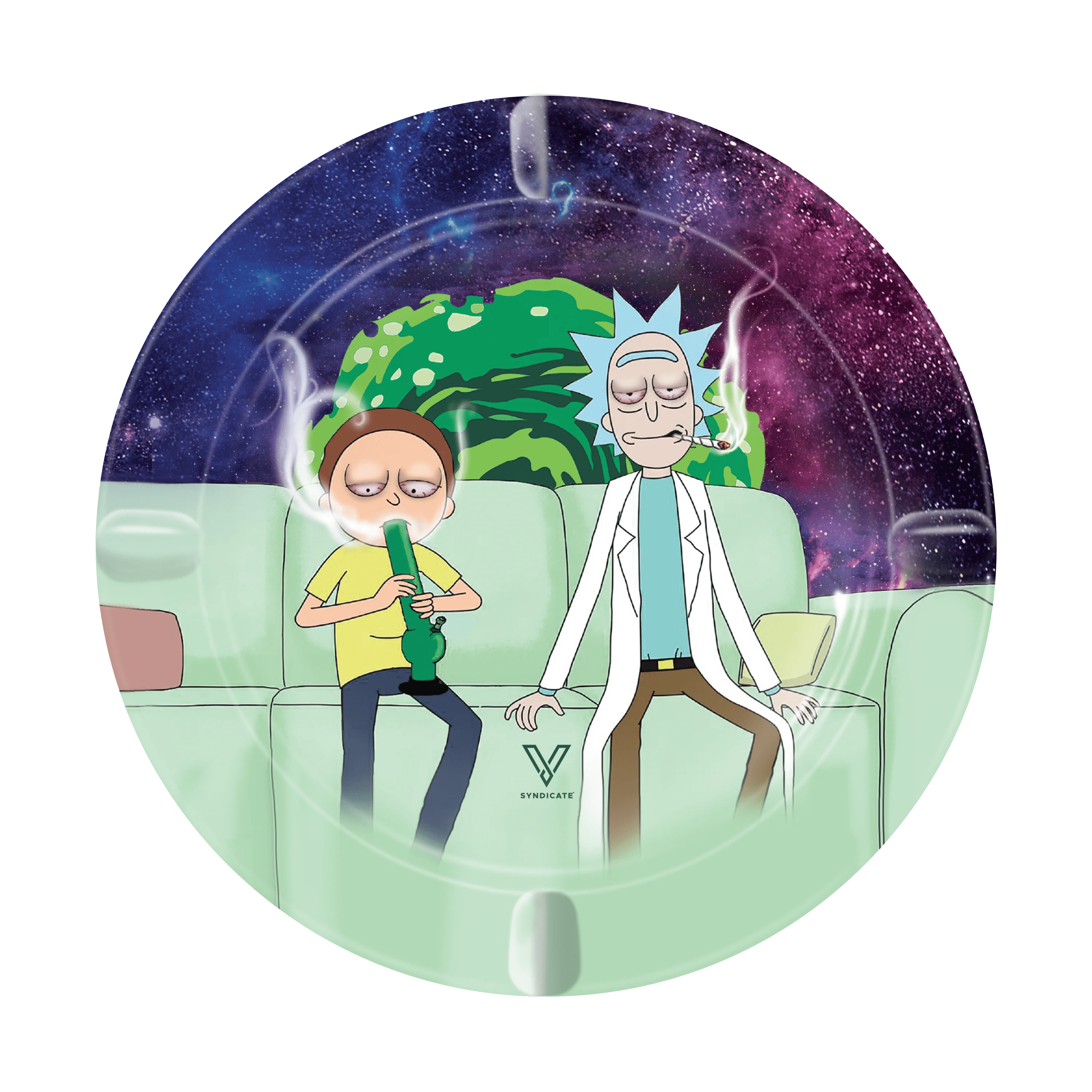 A close-up, angled view of the V-Syndicate Metal Ashtray amid a vibrant, cosmic backdrop with swirling nebulae and stardust.