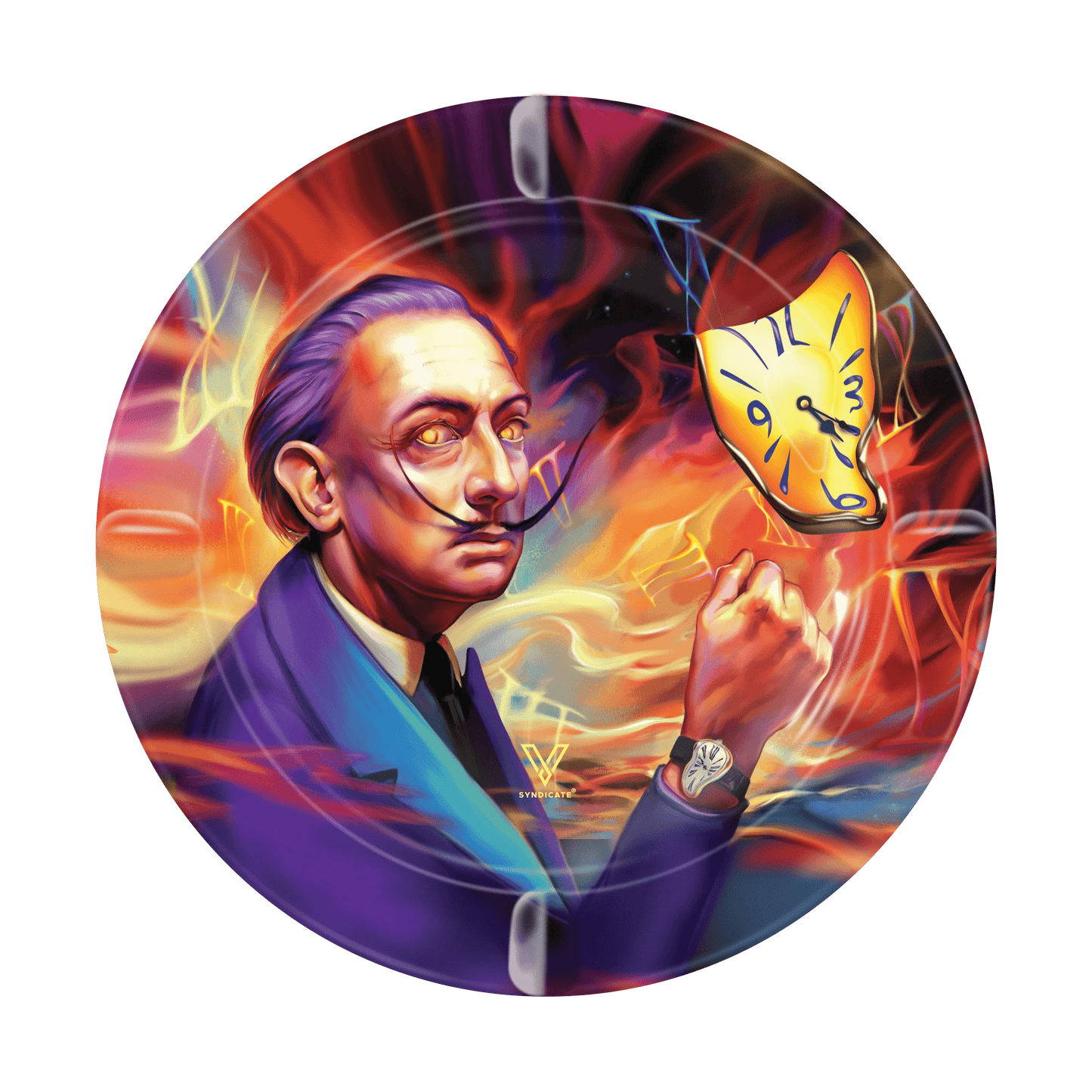 A surreal, close-up shot features the V-Syndicate Metal Ashtray with a melting clock face, evoking a dreamlike composition.