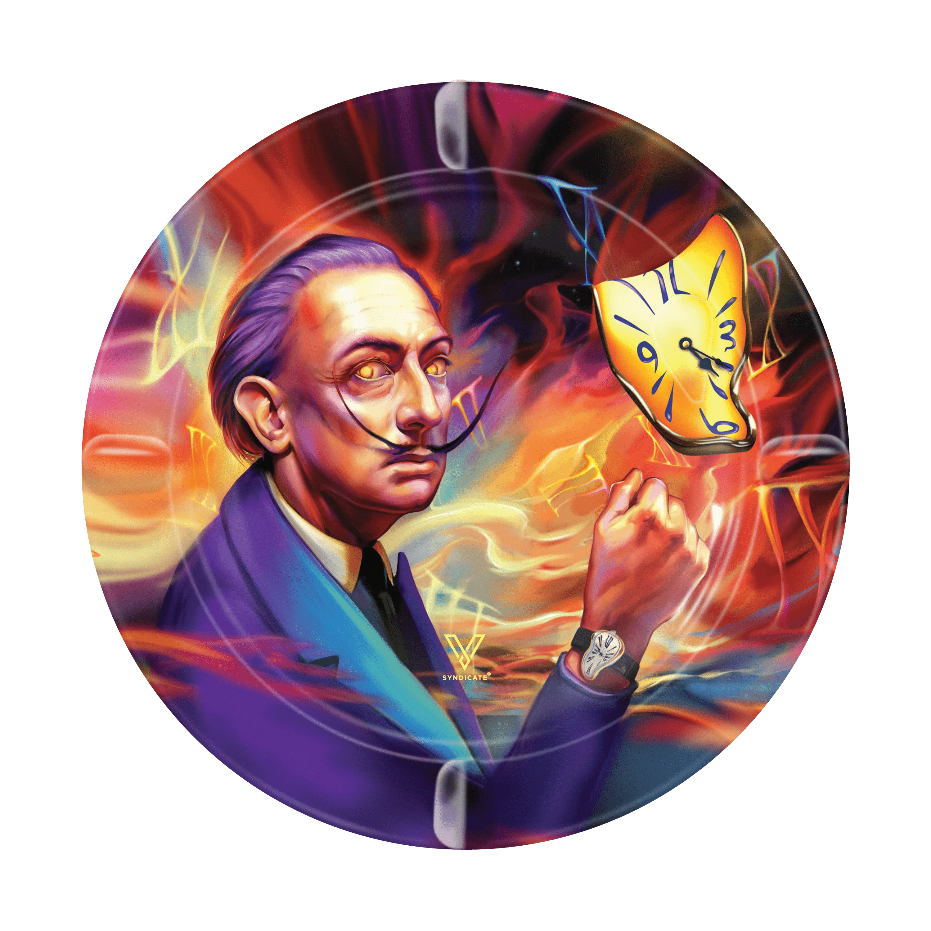 A surreal, close-up shot features the V-Syndicate Metal Ashtray with a melting clock face, evoking a dreamlike composition.