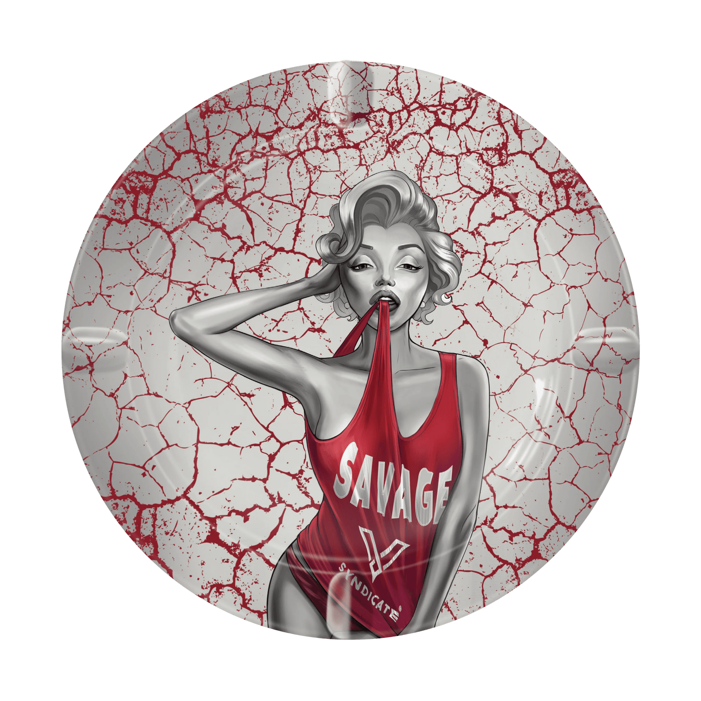 Top-down view of the V-Syndicate Metal Ashtray, featuring a distressed, cracked pattern across its surface.