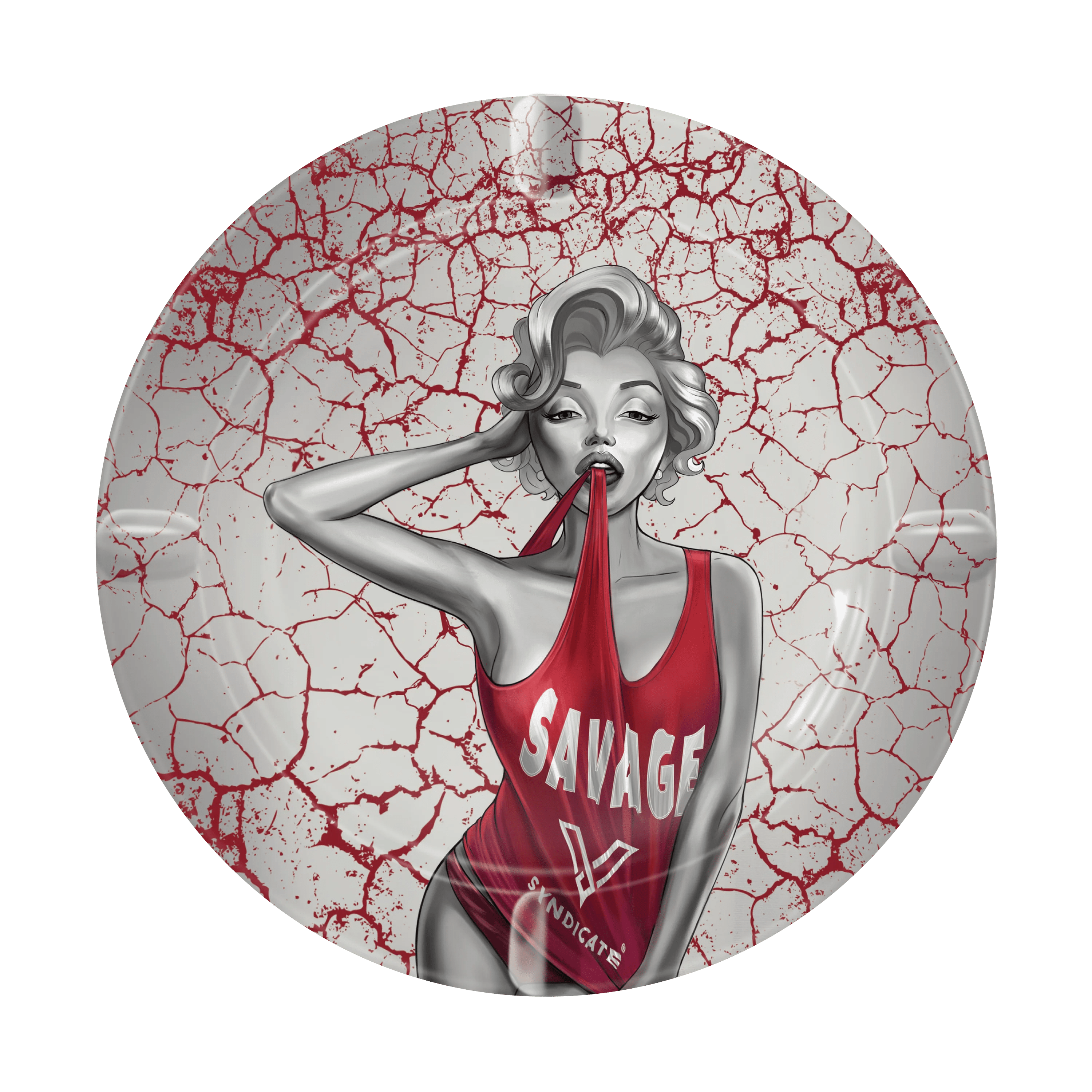 Top-down view of the V-Syndicate Metal Ashtray, featuring a distressed, cracked pattern across its surface.