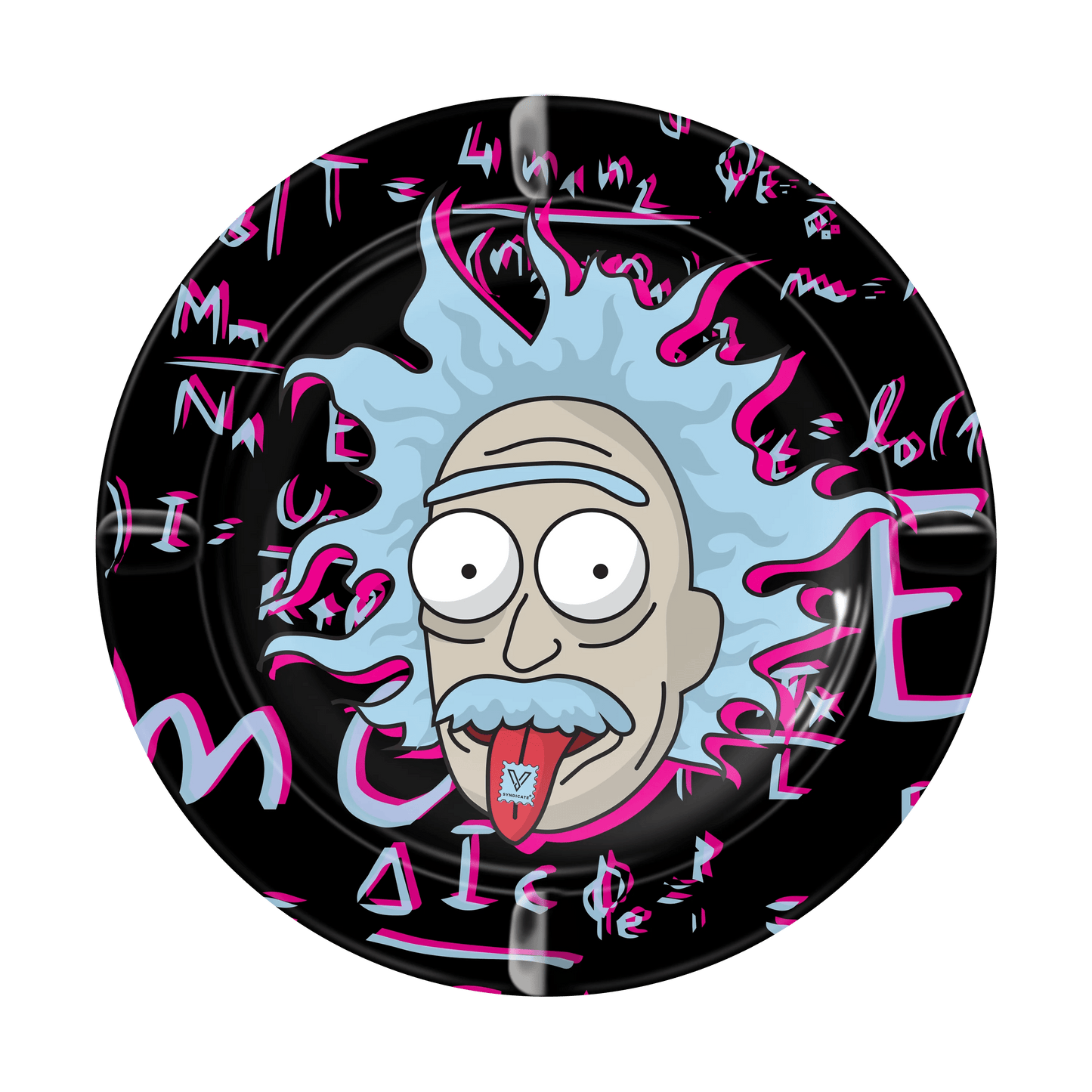 Top-down view of the V-Syndicate Metal Ashtray, featuring a circular design with bold, white lettering against a black background.