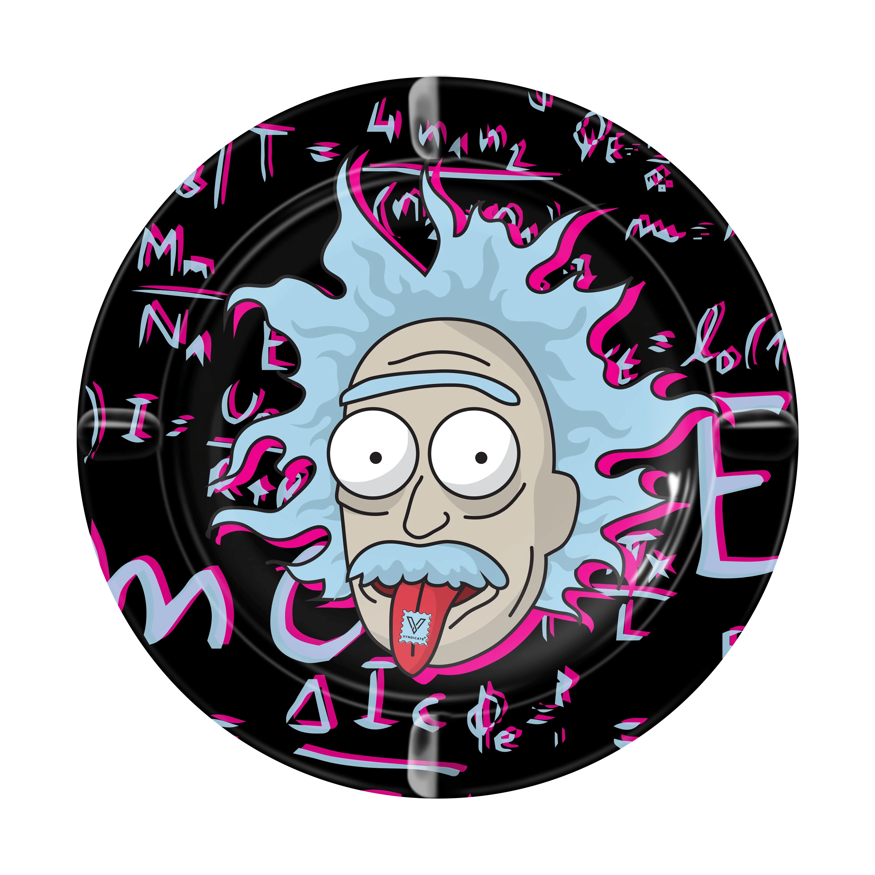 Top-down view of the V-Syndicate Metal Ashtray, featuring a circular design with bold, white lettering against a black background.