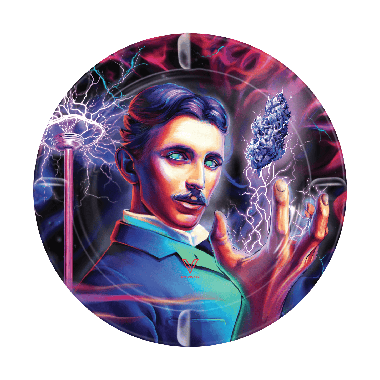 A detailed portrait is featured on the circular V-Syndicate Metal Ashtray, reminiscent of vintage artwork with dramatic lighting and ornate details.