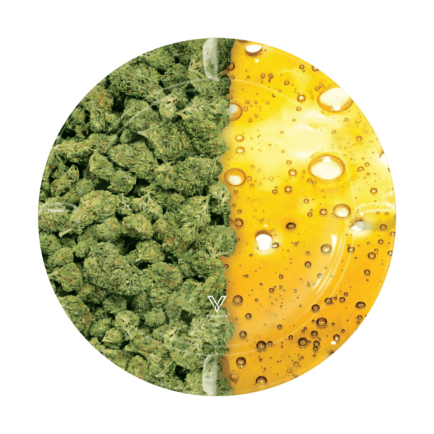 Overhead view of the V-Syndicate Metal Ashtray, displaying a circular, reflective surface with scattered droplets.