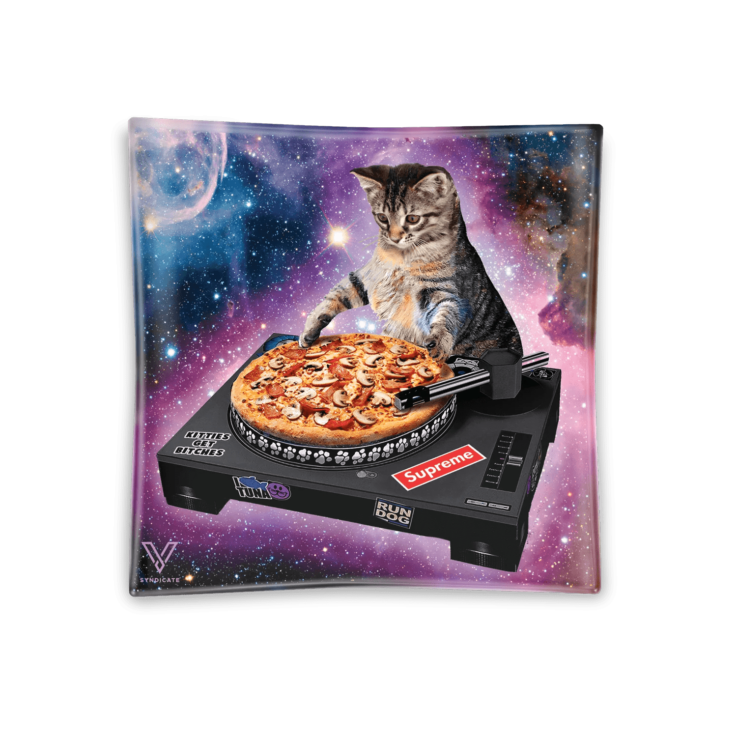 A close-up, overhead view of the V-Syndicate Glass Ashtray featuring a vibrant, colorful cosmic design.