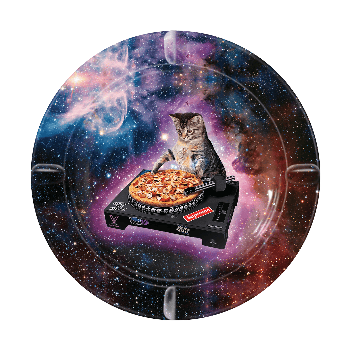 A close-up, angled shot of the V-Syndicate Metal Ashtray with a celestial, nebula-like background, creating a unique display.