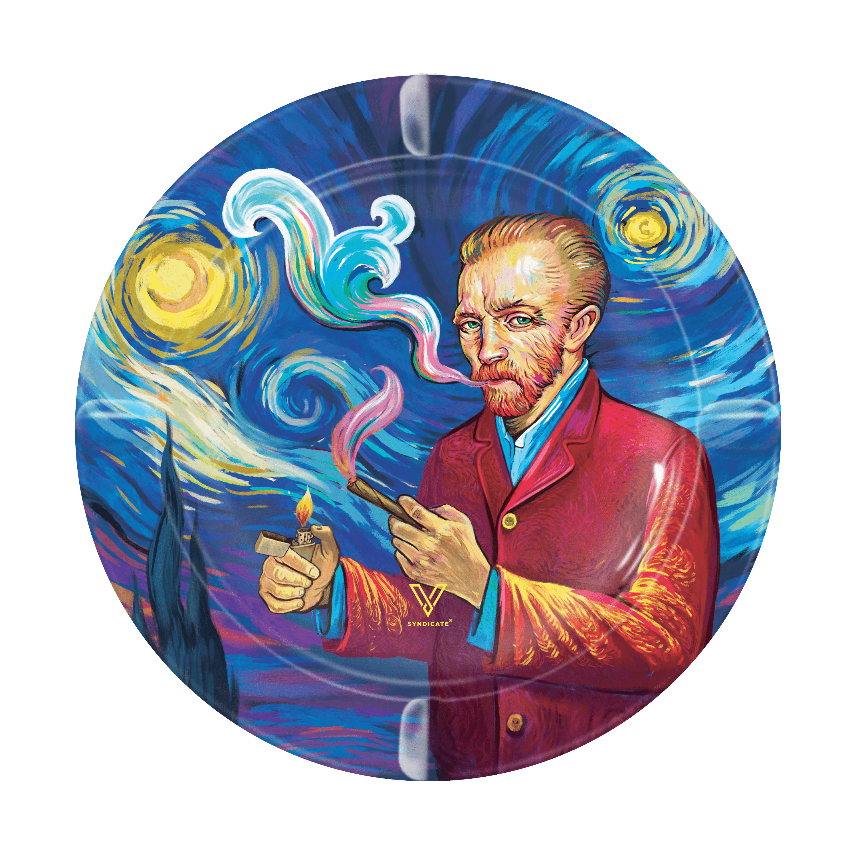 A vibrant, artistic rendering of the V-Syndicate Metal Ashtray, appearing as a painterly portrait with swirling colors and a central focal point.