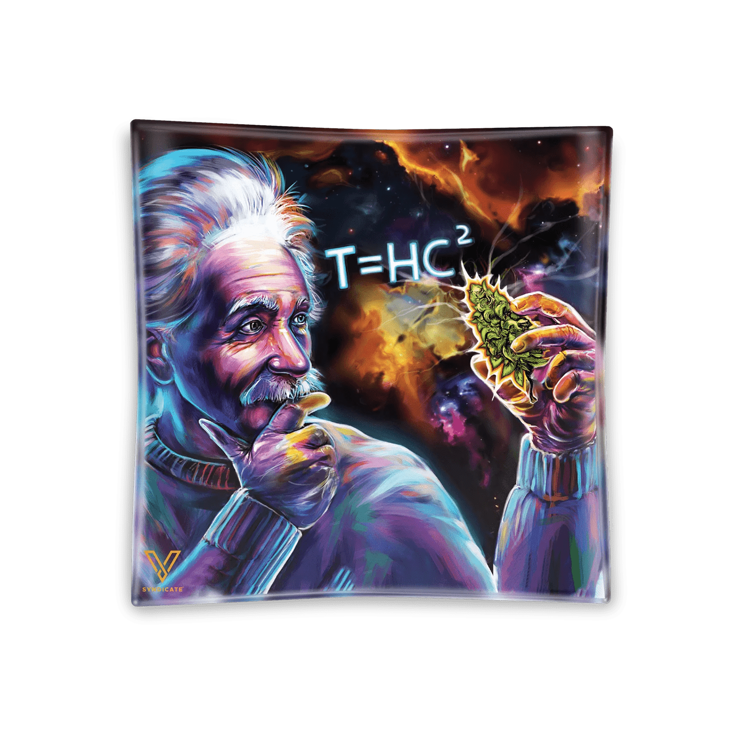 A vibrant, top-down view of the V-Syndicate Glass Ashtray featuring a colorful nebula design and a circular dish shape.