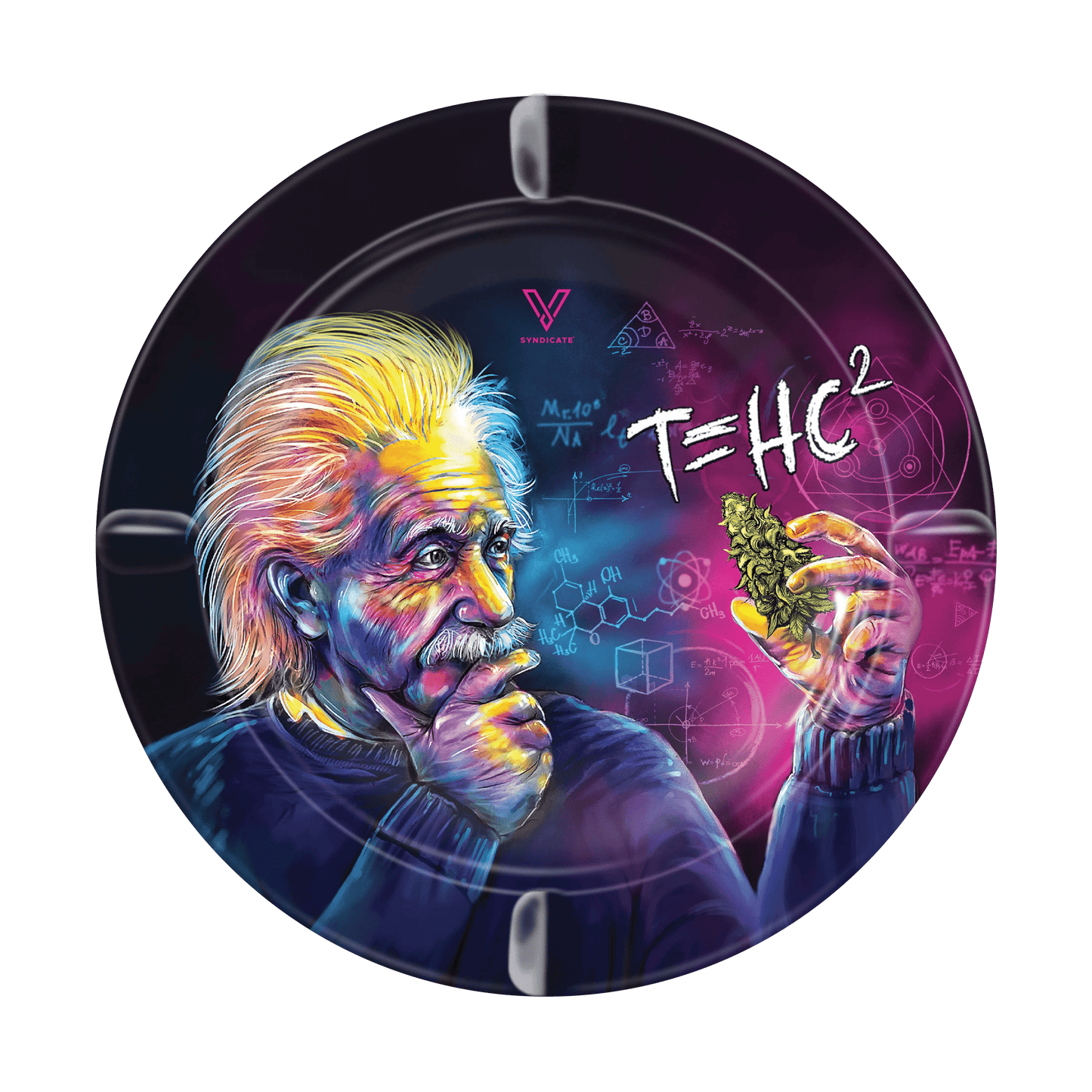 The V-Syndicate Metal Ashtray features a vibrant, artistic rendering of Albert Einstein in a circular design.
