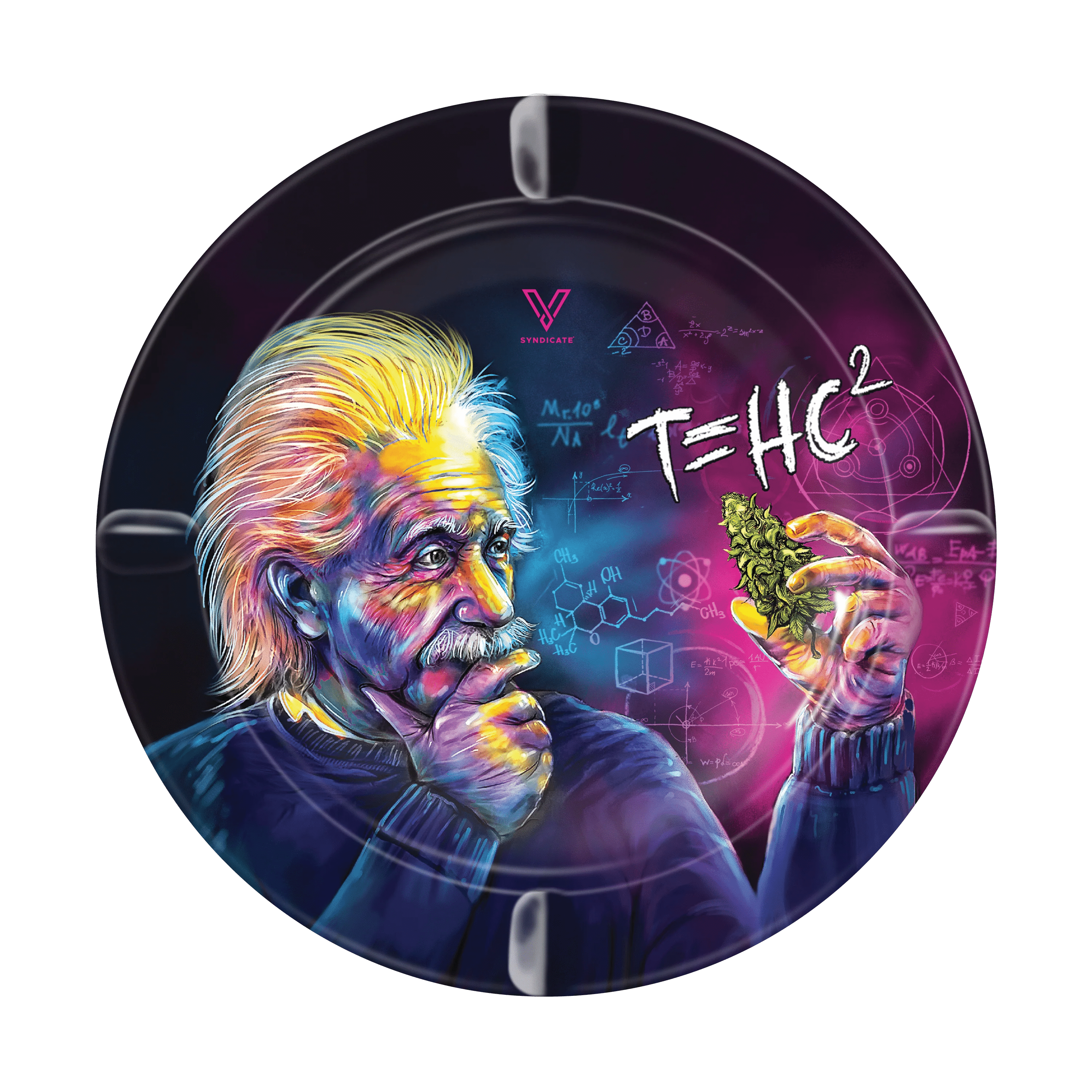 The V-Syndicate Metal Ashtray features a vibrant, artistic rendering of Albert Einstein in a circular design.